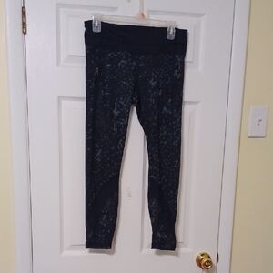 Lululemon Sz 8, Black Patterned Leggings With Sheer Panels At Bottom Of Legs.